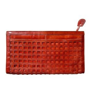 Vintage Rust Leather Clutch Bag Mesh Design Pocket Panel